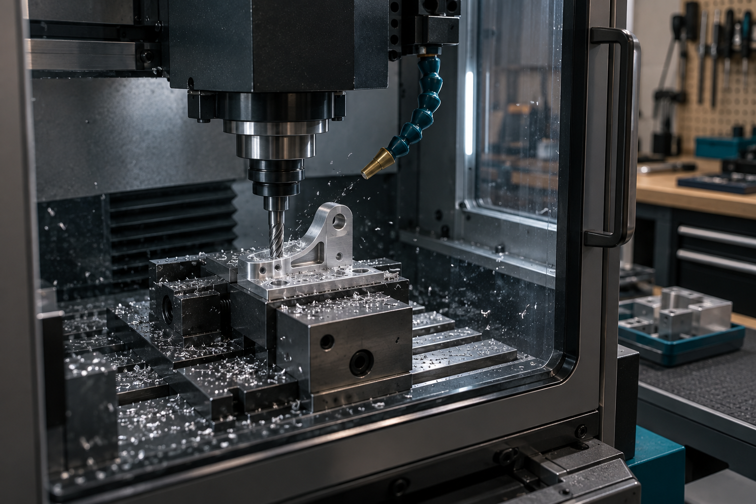 Illustration of CNC milling an aluminum bracket